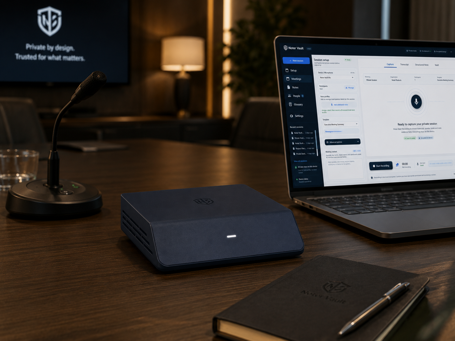 A private meeting room with Noter Vault device, microphone and desktop application