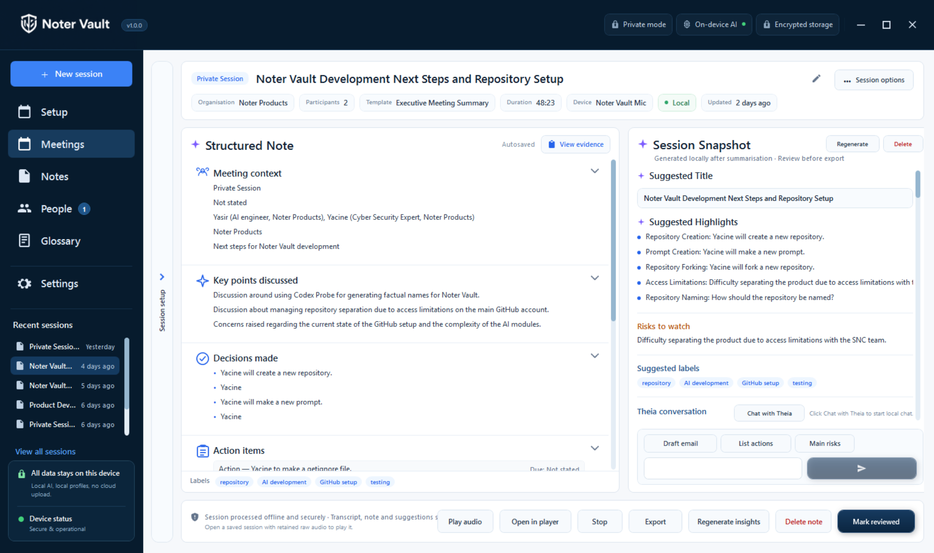 The Noter Vault desktop app showing a structured note and local Theia session snapshot